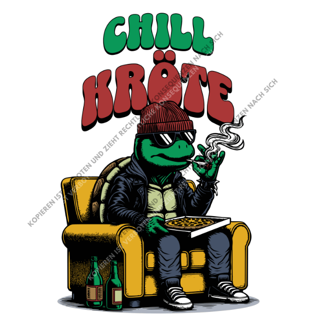 Witziges DTF-Motiv mit einer Schildkröte im Sessel, Lederjacke und Sonnenbrille unter dem Schriftzug CHILL KRÖTE.