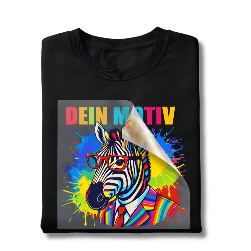 Eigenes Bügelbild als DTF Transfer: Buntes Zebra-Motiv mit halb abgezogener Transferfolie auf einem schwarzen T-Shirt.