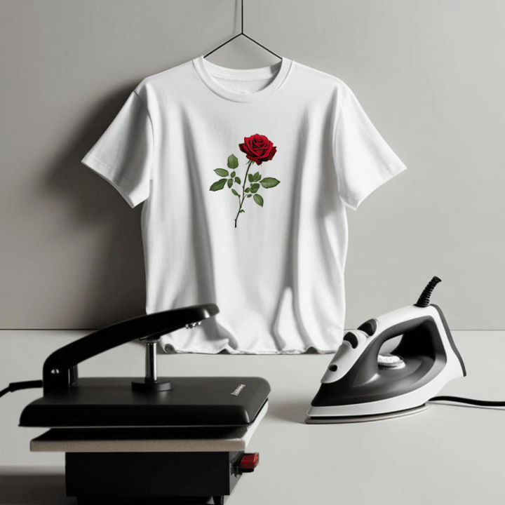 Das fertige DTF-Bügelbild einfach mit dem Bügeleisen oder der Transferpresse auf das T-Shirt aufbügeln – fertig ist der Textildruck.