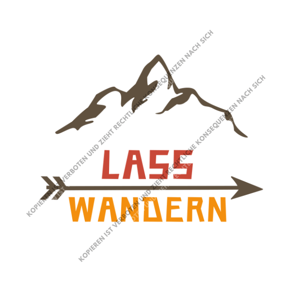 Modernes DTF-Motiv Lass Wandern mit brauner Bergsilhouette, einem Pfeil und Schriftzug in Orange und Gelb für Wanderbegeisterte.
