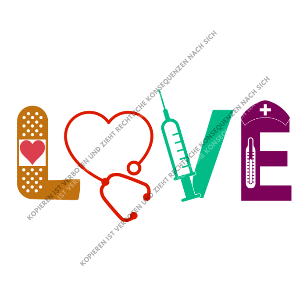 Buntes DTF-Motiv mit dem Wort 'LOVE' gebildet aus einem Pflaster, einem Stethoskop in Herzform, einer Spritze und einer Schwesternhaube mit Thermometer.