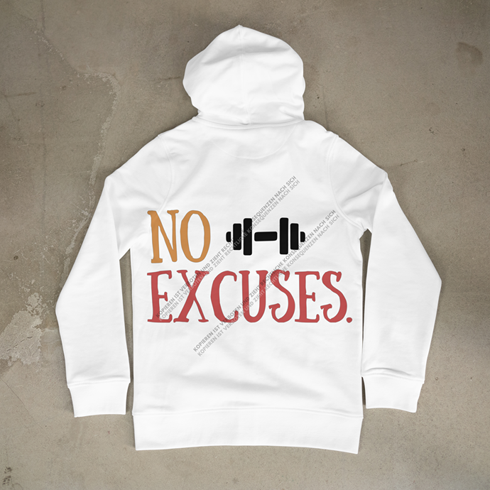 Detailaufnahme eines weißen Hoodies mit dem motivierenden DTF-Aufdruck NO EXCUSES und einer Hantel-Grafik für Sportbegeisterte.