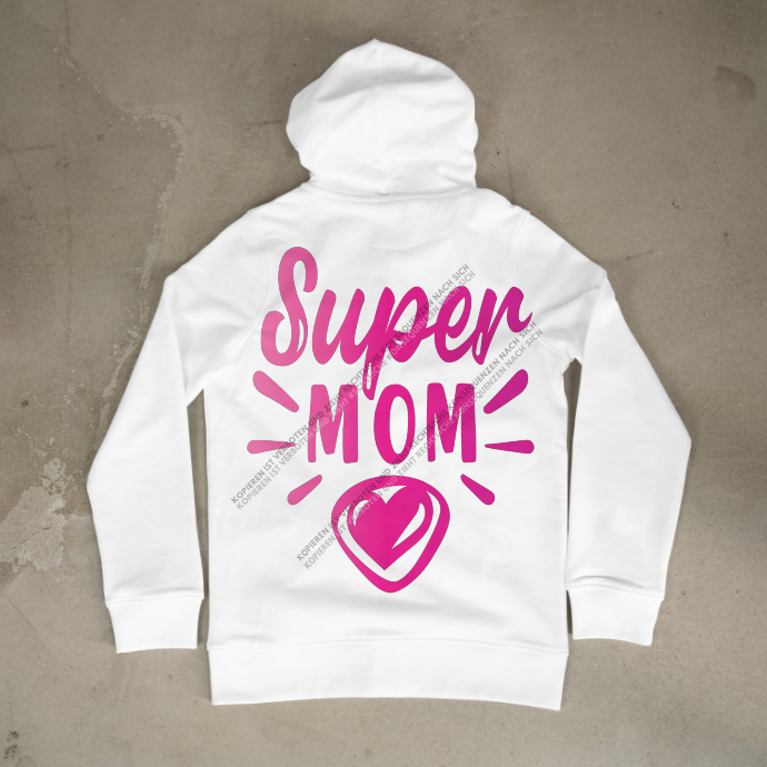 DTF-Motiv "SuperMom" auf weißem Hoodie