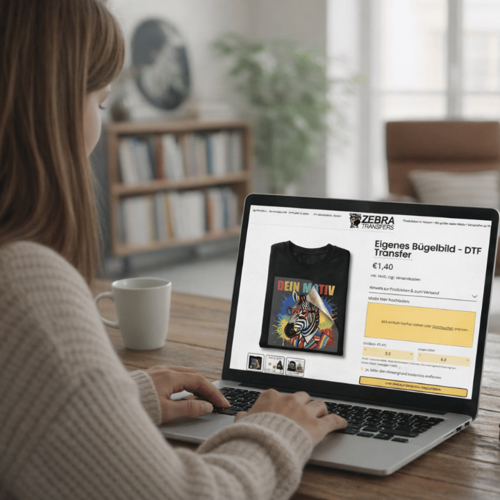 Schritt 1 bei ZebraTransfers: Eigenes Logo oder Wunschmotiv im DTF-Konfigurator hochladen und Größe für das Bügelbild festlegen.
