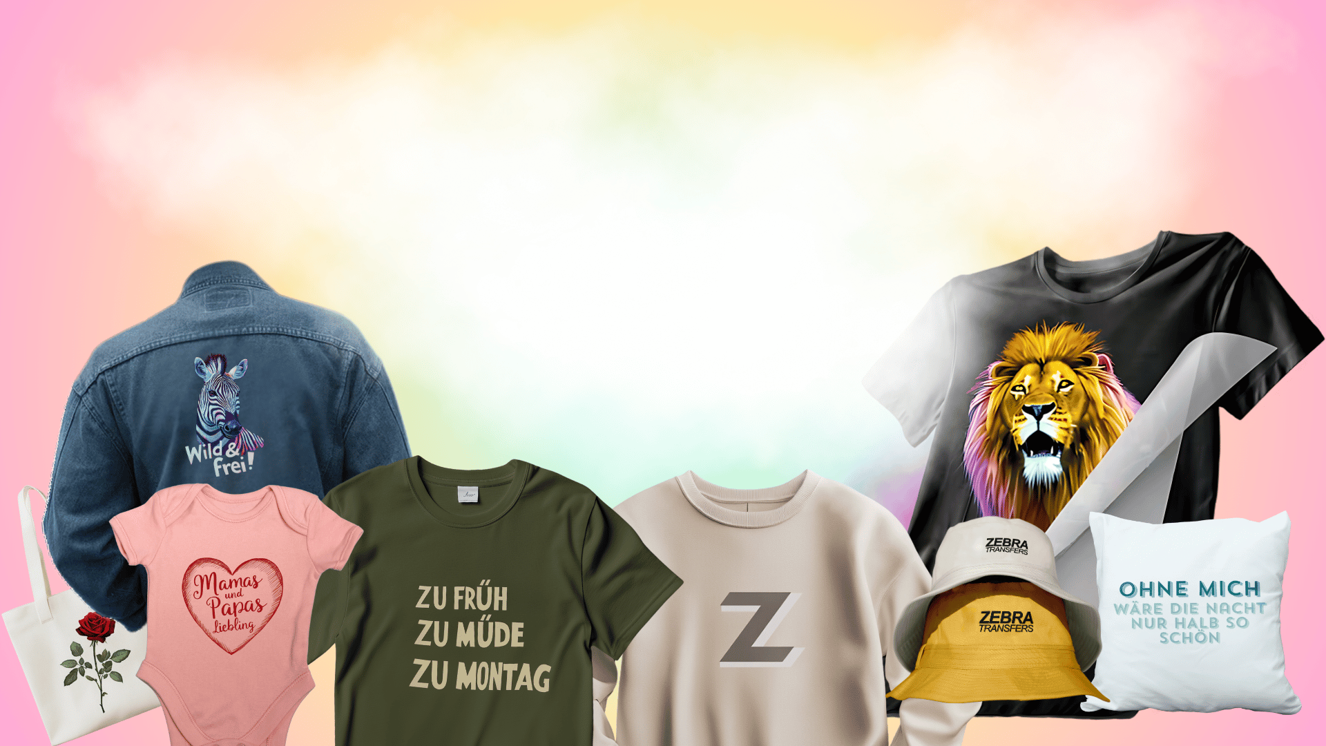 Vielseitige DTF Bügelbilder von ZebraTransfers: Anwendungsbeispiele für hochwertigen Textildruck auf T-Shirts, Babykleidung, Jacken, Taschen und Kissen.