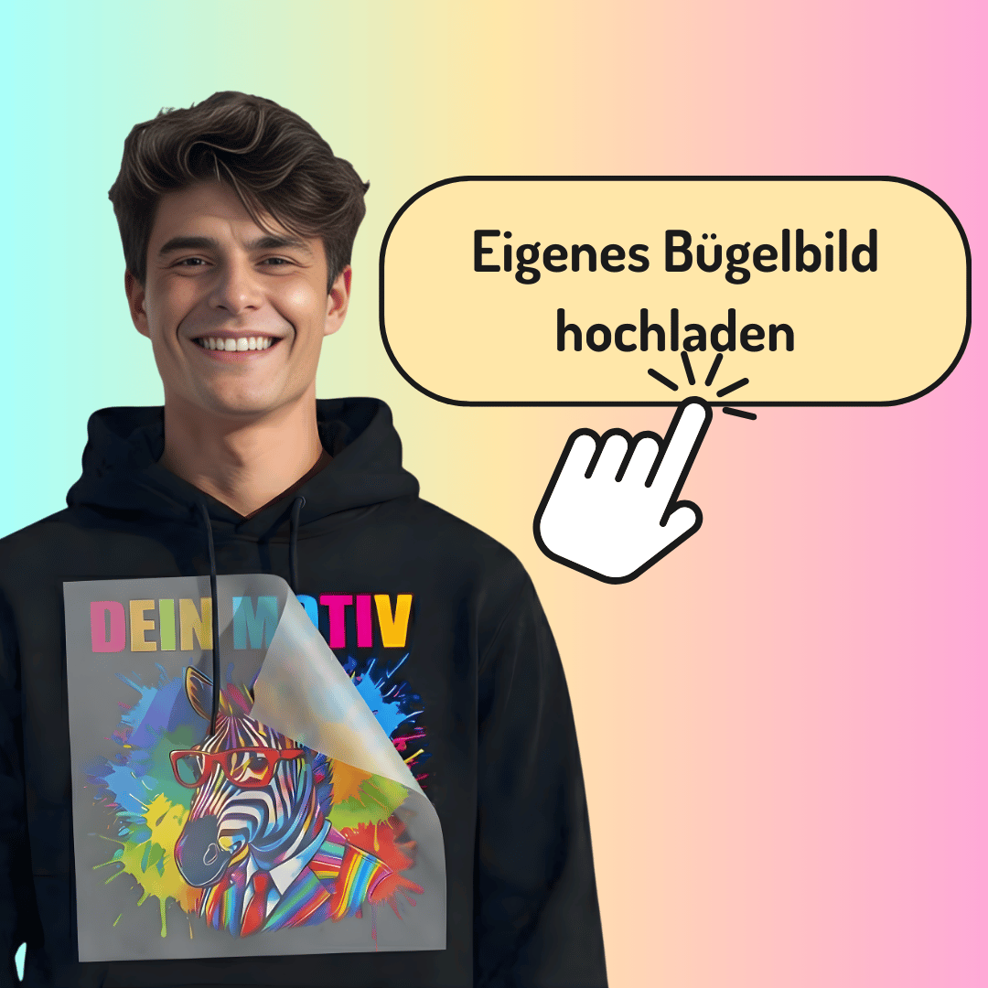 DTF Druck: Eigenes Bügelbild hochladen. Individuelles Wunschmotiv als hochwertiges DTF Transfer von ZebraTransfers drucken lassen.