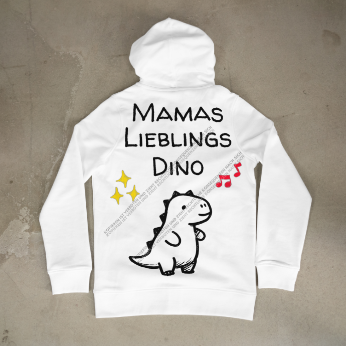 Detailansicht eines weißen Kinder-Hoodies mit dem verspielten Dino-Aufdruck als süßes Geschenk für kleine Abenteurer.