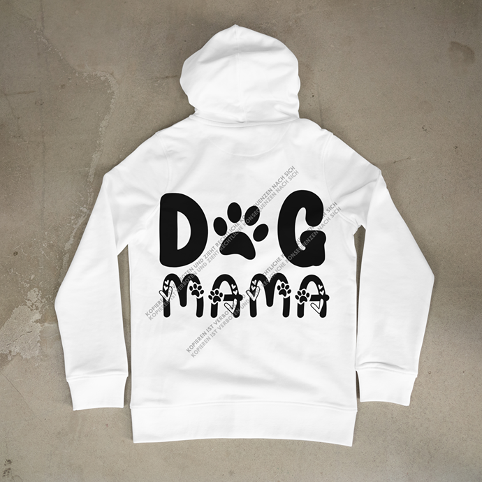 Detailansicht eines weißen Hoodies mit dem verspielten DOG MAMA Aufdruck als perfektes Statement für alle Hundebesitzerinnen.