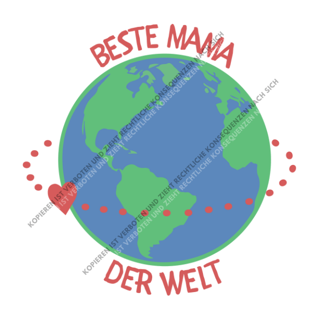 Niedliches DTF-Motiv mit einer Weltkugel, einem roten Herz und dem Schriftzug Beste Mama der Welt auf weißem Grund.