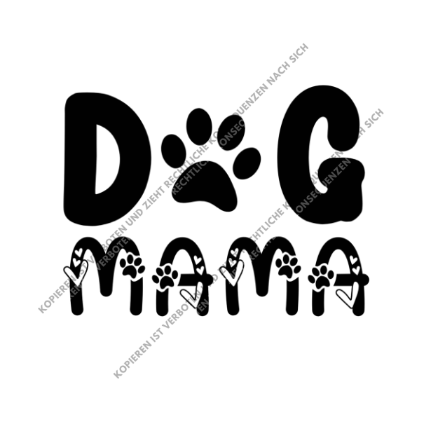 Schwarzes DTF-Motiv mit dem Schriftzug DOG MAMA, einer Pfote und kleinen Herzen innerhalb der Buchstaben auf weißem Grund.