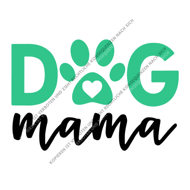 Zweifarbiges DTF-Motiv Dog Mama, bei dem das O durch eine grüne Hundepfote mit Herz ersetzt wurde, kombiniert mit schwarzer Schreibschrift.