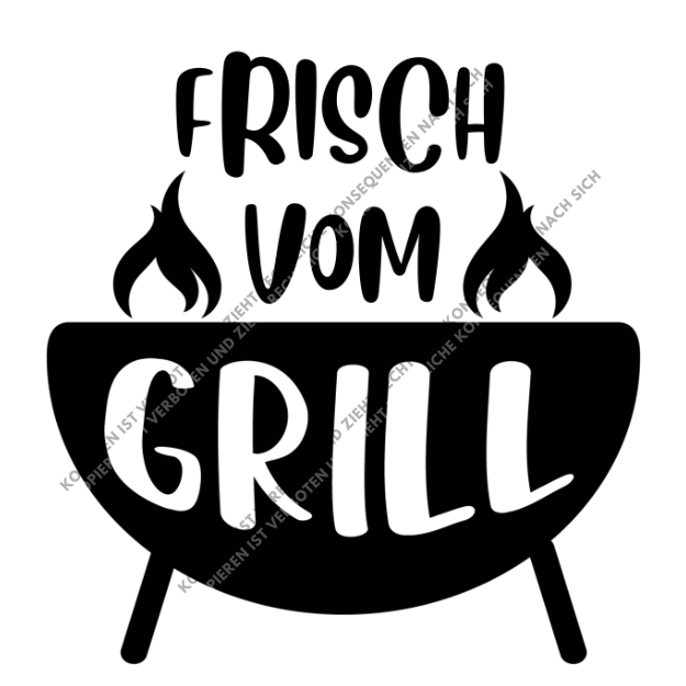 Schwarzes DTF-Motiv Frisch vom Grill mit stilisierten Flammen und der Silhouette eines Kugelgrills auf weißem Grund.