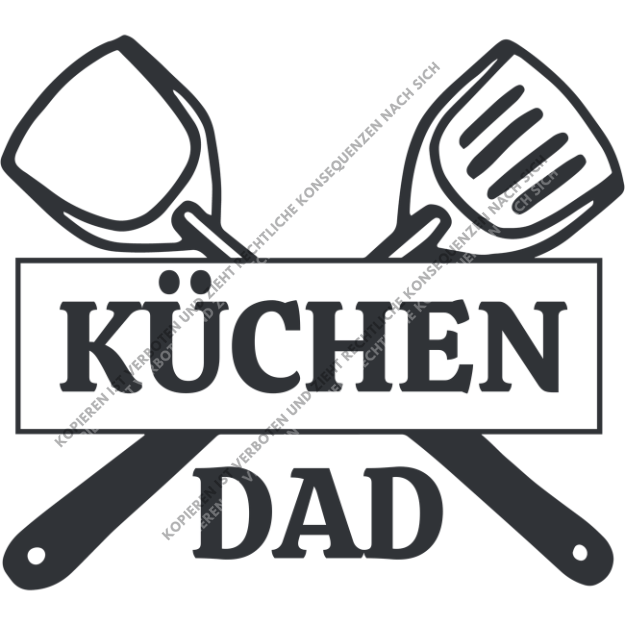 Schwarzes DTF-Transfer-Motiv Küchen Dad mit zwei gekreuzten Pfannenwendern und klarem Schriftzug auf weißem Grund.