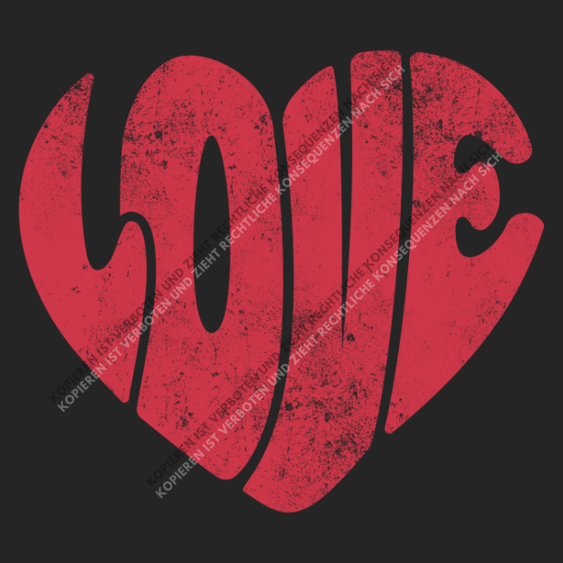 Strukturiertes DTF-Transfer-Motiv in Herzform mit dem Schriftzug LOVE in kräftigem Rot auf dunklem Hintergrund.