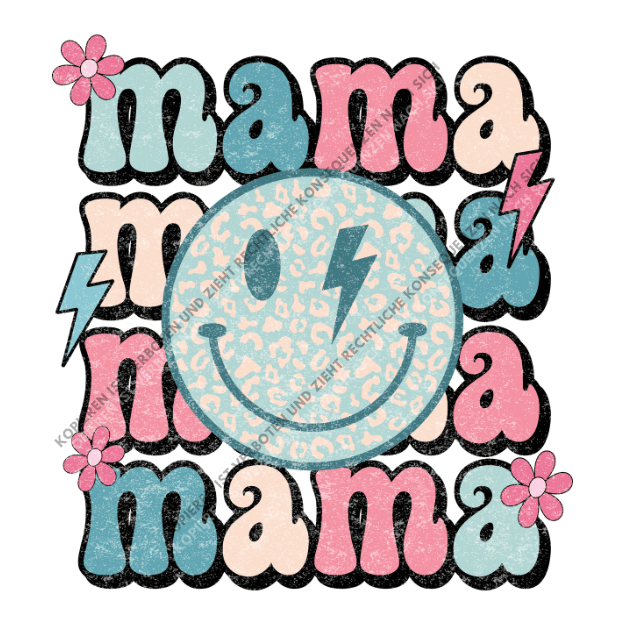Farbenfrohes DTF-Motiv mit dem Schriftzug "mama" im Retro-Stil, Blumen, Blitzen und einem Smiley mit Leopardenmuster auf weißem Grund.