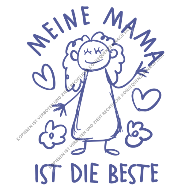 Herzliche Kinderzeichnung als DTF-Motiv mit einer lächelnden Mutter, Blumen und Herzen in Blau.