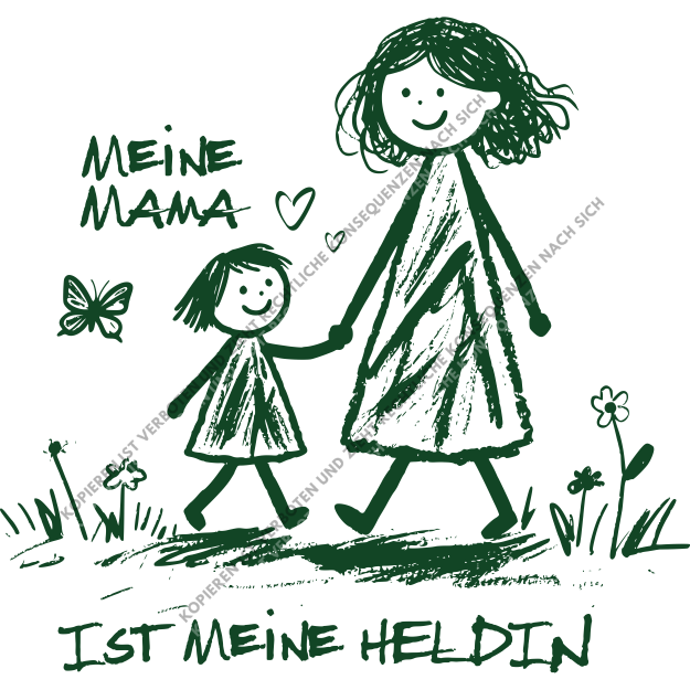 Eine liebevolle dunkelgrüne Illustration einer Mutter mit Kind als DTF-Motiv.