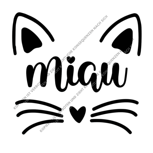 Minimalistisches schwarzes DTF-Motiv mit dem Schriftzug Miau, Katzenohren, Schnurrhaaren und kleinen Herz-Details.
