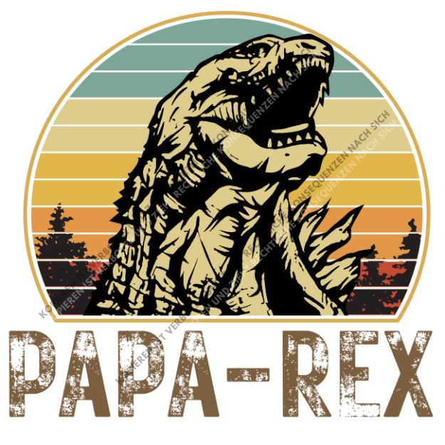 Farbenfrohes DTF-Motiv mit einem brüllenden Dinosaurier vor einem gestreiften Sonnenuntergang und dem strukturierten Schriftzug PAPA-REX.
