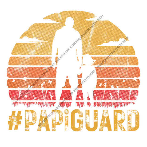 Farbenfrohes DTF-Motiv mit der Silhouette von Vater und Kind vor einem gestreiften Sonnenuntergang und dem strukturierten Schriftzug #PAPIGUARD.