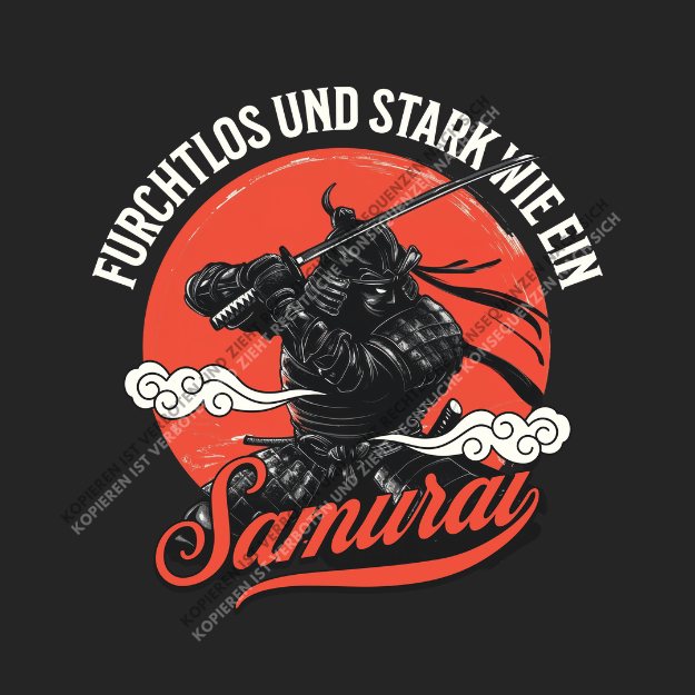 Detailreiches DTF-Motiv eines japanischen Samurai mit Katana vor einer roten Sonne und dem Schriftzug Furchtlos und stark wie ein Samurai.
