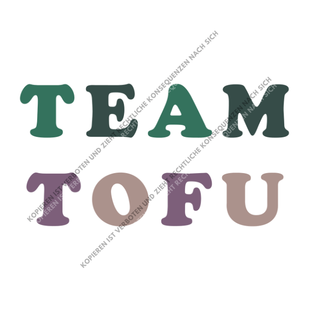 Modernes DTF-Transfer-Design mit dem Schriftzug TEAM TOFU in stilvollen Grün-, Lila- und Beigetönen auf hellem Untergrund.