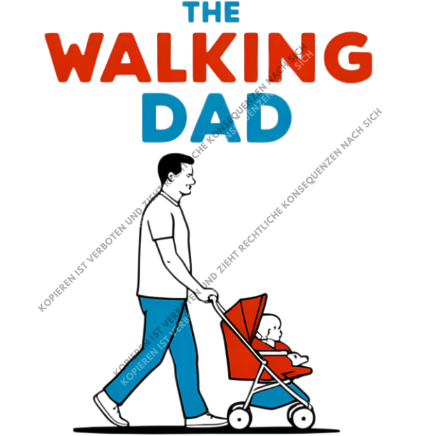 Lustiges DTF-Motiv The Walking Dad in Rot und Blau mit der Illustration eines Vaters, der einen roten Kinderwagen schiebt.