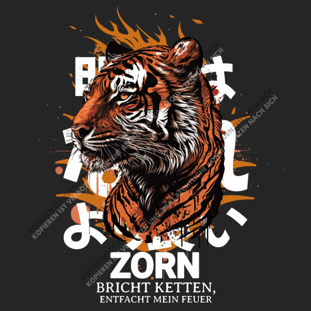 Zorn: bricht Ketten, entfacht mein Feuer – DTF-Motiv mit Tiger & Flammen für Stärke und Power