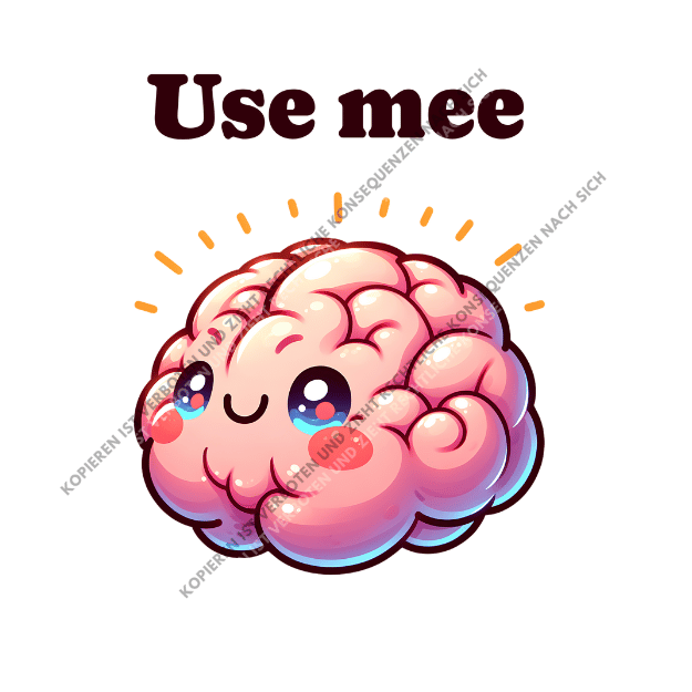 Niedliches Kawaii-Gehirn mit großen Augen und dem Schriftzug Use mee auf weißem Hintergrund.