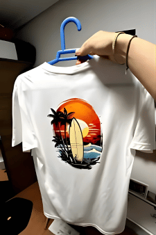 Sommerlicher DTF Transfer auf einem weißen T-Shirt: Detailreiches Design mit Surfboard, Palmen und einem leuchtenden Sonnenuntergang – ideal für individuelle Urlaubs- und Freizeit-Outfits.