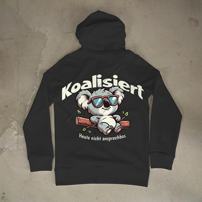 Detailansicht eines schwarzen Hoodies, bedruckt mit dem witzigen Koalisiert-Motiv und dem Spruch Heute nicht ansprechbar.