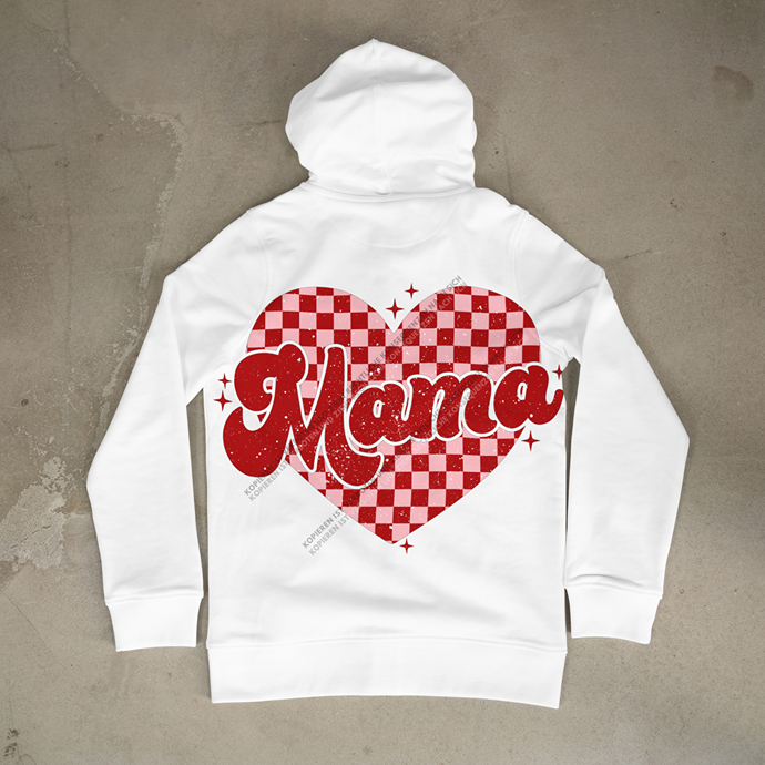 Detailansicht eines weißen Hoodies mit dem markanten Retro-Mama Aufdruck und kleinen roten Sternen als liebevolles Statement.