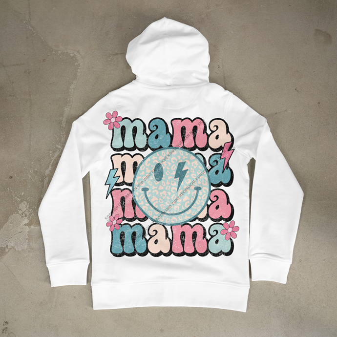 Detailansicht eines weißen Hoodies, bedruckt mit dem trendigen Mama-Smiley-Design im angesagten 70er-Jahre-Vintage-Look.