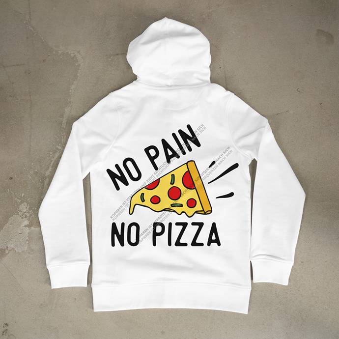 Detailansicht eines weißen Hoodies, bedruckt mit dem lustigen NO PAIN NO PIZZA DTF-Motiv als cooles Statement für Fitness-Fans und Pizza-Liebhaber.