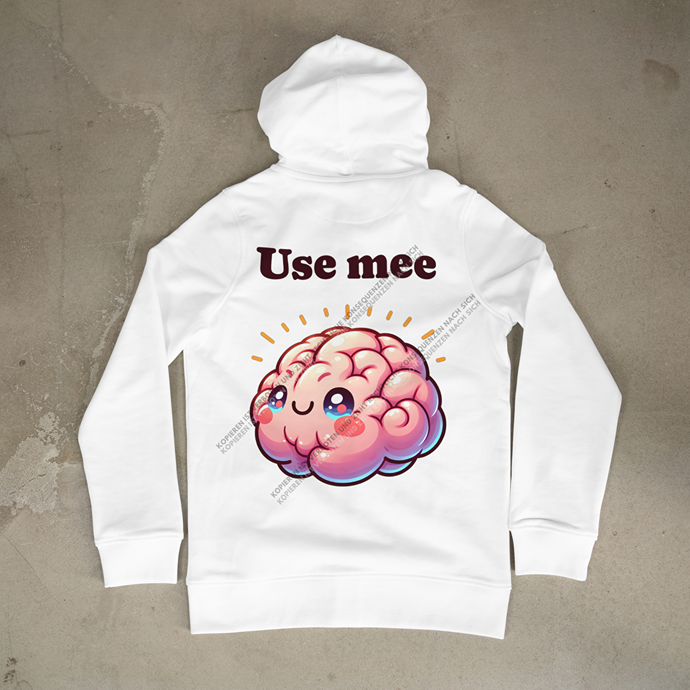 Detailansicht eines weißen Hoodies, bedruckt mit dem humorvollen Use mee Gehirn-Motiv als cleveres Statement.